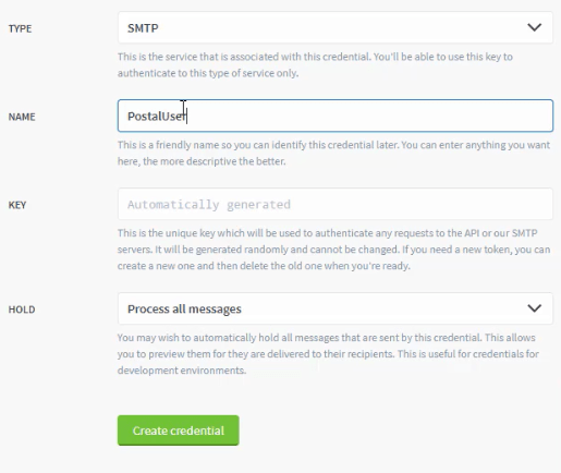 Create Postal SMTP User Credential