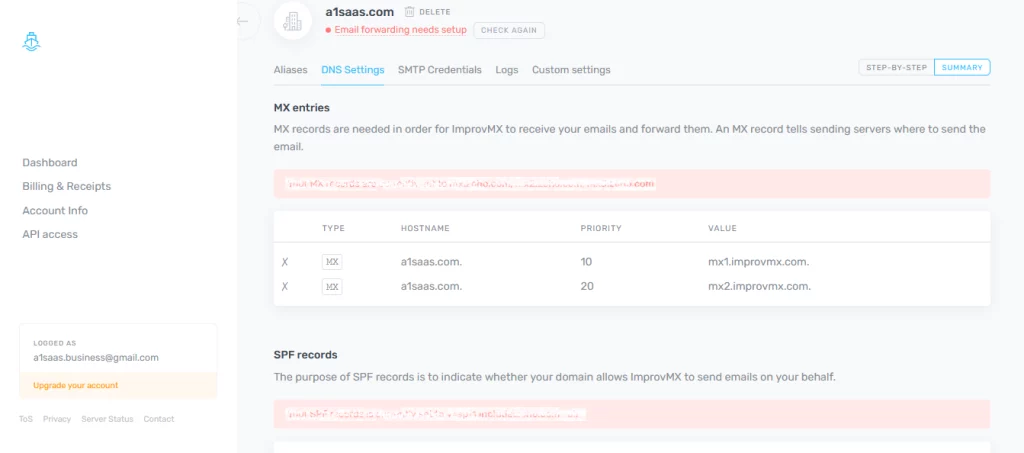 https://improvmx.com/ add DNS settings