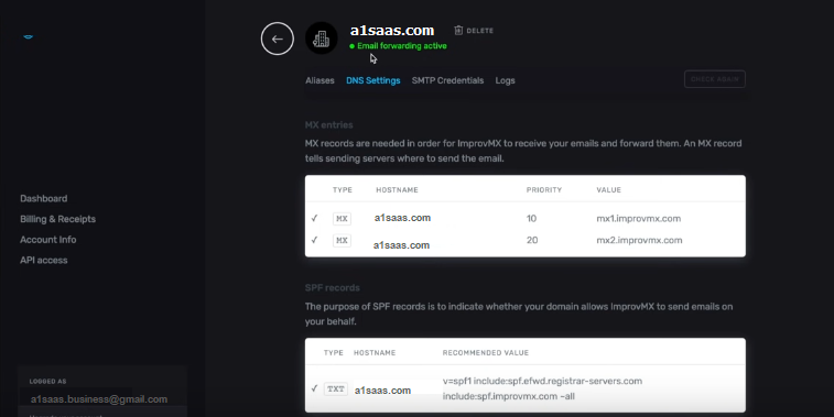 https://improvmx.com/ email forwarding active