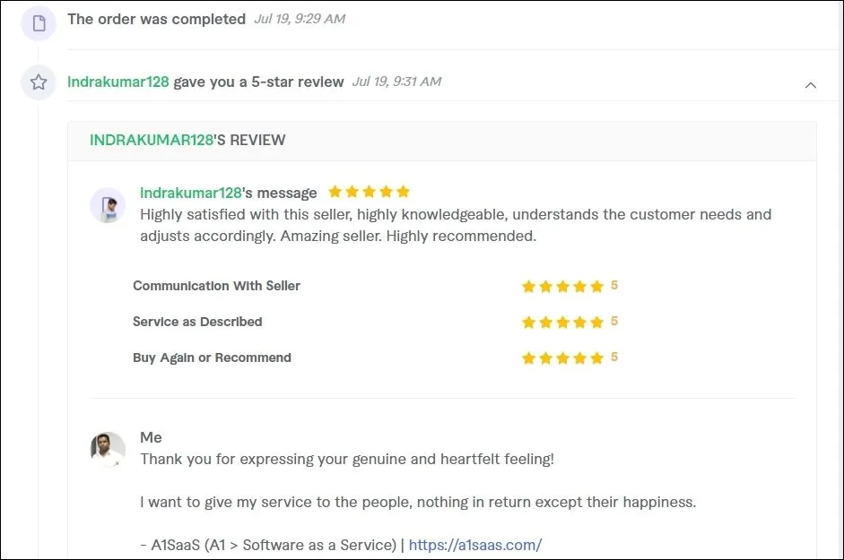 Client Review for A1SaaS via Fiverr